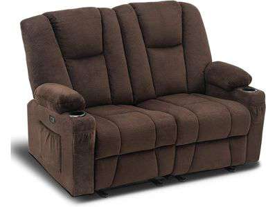 Mcombo 2 Seater Fabric Power Recliner Sofa, Electric Reclining Loveseat Sofa with Heat and Massage, Cup Holders, USB Charge Port for Living Room 6025 (Without Console, Brown)