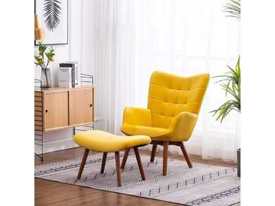 Roundhill Furniture Leiria Contemporary Silky Velvet Tufted Accent Chair with Ottoman, Yellow
