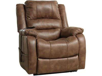 Signature Design by Ashley Yandel Faux Leather Electric Power Lift Recliner with lumbar support for Elderly, Brown