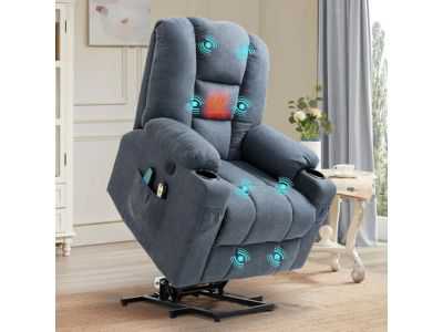 MEETWARM Power Lift Chair Electric Recliner for Elderly Heated Vibration Massage Soft Fabric Recliner Chair (Gray-Blue)