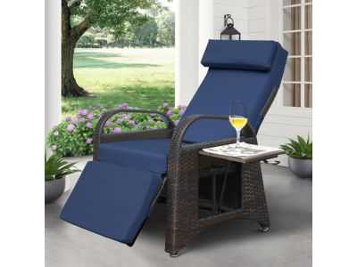 Skypatio Outdoor Wicker Recliner Chair with Side Table, Adjustable Backrest Patio Recliner Lounge Chair, All-Weather Wicker Reclining Patio Chair, (Navy Blue)